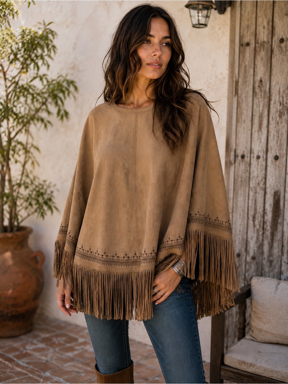 LAMARQUE “Ely” Suede Poncho with Fringe and Eyelet Trim, in the Latte/tan colour